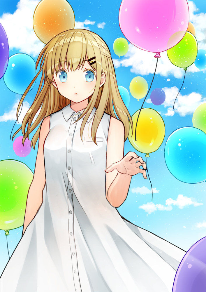 balloon bangs bare_arms bare_shoulders blue_eyes blue_sky blush breasts cloud collared_dress commentary_request day dress eyebrows_visible_through_hair hair_ornament hairclip kurata_rine light_brown_hair long_hair looking_at_viewer original outdoors parted_lips revision sky sleeveless sleeveless_dress small_breasts solo standing white_dress