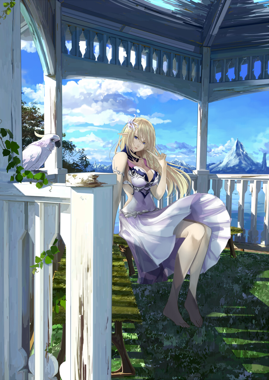 barefoot bench bird blonde_hair blue_eyes blue_sky breasts chef_no_kimagure_salad cleavage cloud cockatoo day dress flower gazebo grass hair_flower hair_ornament highres large_breasts long_hair looking_at_viewer mountain original outdoors pointy_ears sideboob sitting sky sleeveless sleeveless_dress solo sulphur-crested_cockatoo v