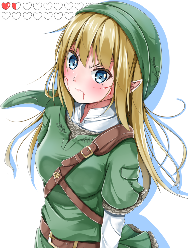 &gt;:( amagami_rukichi belt beltbra blonde_hair blood blood_from_mouth blood_on_face blue_eyes blush buckle closed_mouth eyelashes frown genderswap genderswap_(mtf) green_hat hat health_bar injury link long_hair long_sleeves looking_at_viewer pointy_ears serious shirt short_over_long_sleeves short_sleeves shoulder_belt simple_background solo the_legend_of_zelda tunic upper_body v-shaped_eyebrows white_background white_shirt