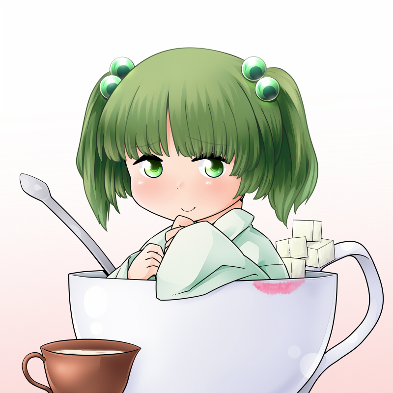 bbb_(33kudo) cream creamer_(vessel) cup gradient gradient_background green_eyes green_hair hair_bobbles hair_ornament hand_on_own_chin in_container in_cup kisume lipstick_mark looking_at_viewer simple_background smile solo spoon sugar_cube teacup touhou twintails