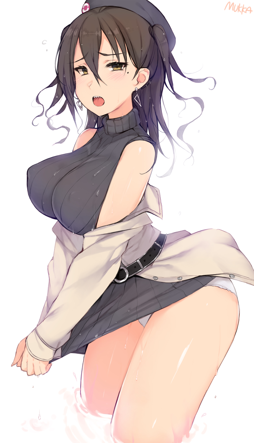 1girl artist_name bare_shoulders belt beret black_belt black_hair black_sweater breasts clothes_tug curly_hair earrings erect_nipples eyebrows_visible_through_hair hair_between_eyes hat highres idolmaster idolmaster_cinderella_girls jewelry large_breasts looking_at_viewer mole mole_under_eye mukka off_shoulder open_mouth panties partially_submerged ribbed_sweater sharp_teeth sleeveless_sweater sunazuka_akira sweater sweater_tug teeth thick_thighs thighs trench_coat twintails underwear wet wet_clothes white_panties yellow_eyes