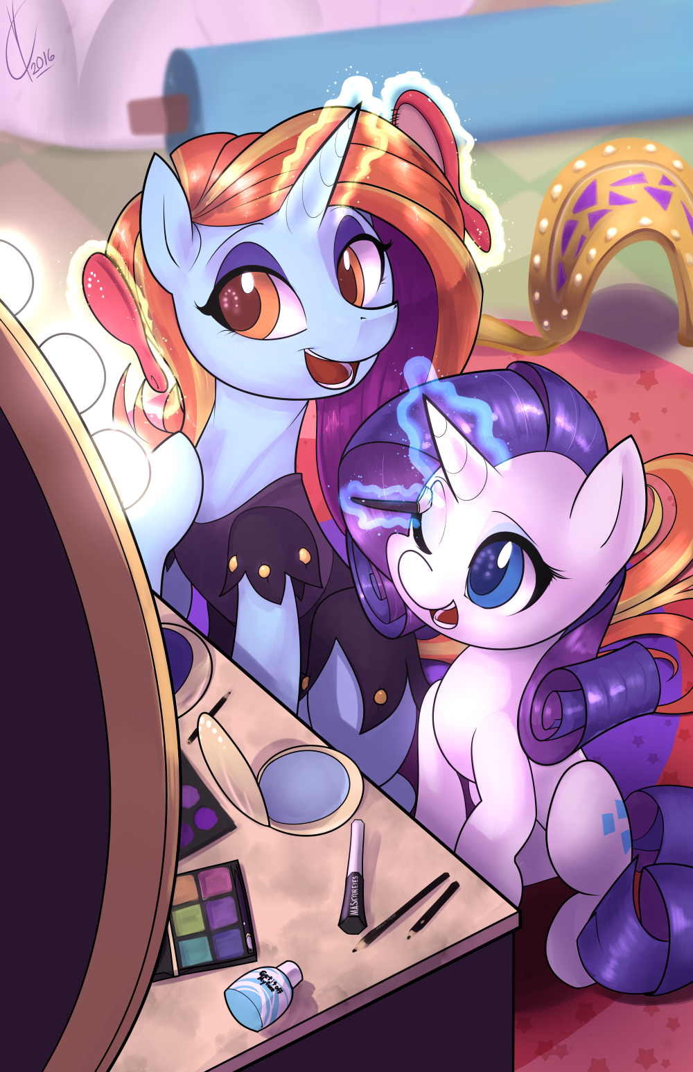 2016 amber_eyes blue_eyes blue_fur clothed clothing cutie_mark duo equine female feral friendship_is_magic fur hair horn inside magic makeup mammal mirror multicolored_hair my_little_pony open_mouth purple_hair rarity_(mlp) sassy_saddles_(mlp) smile table two_tone_hair unicorn valcron white_fur
