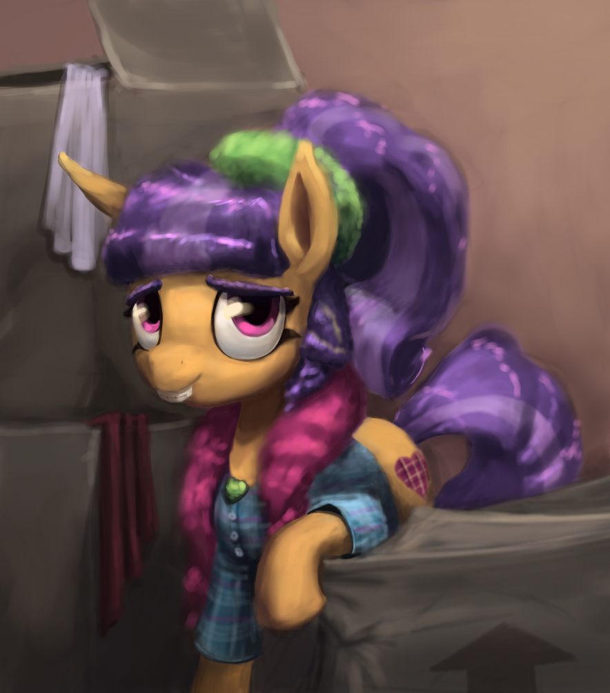 2016 bakuel box clothed clothing cutie_mark earth_pony equine female feral friendship_is_magic fur hair horse inside looking_at_viewer mammal my_little_pony orange_fur plaid_stripes_(mlp) pony purple_eyes purple_hair smile solo