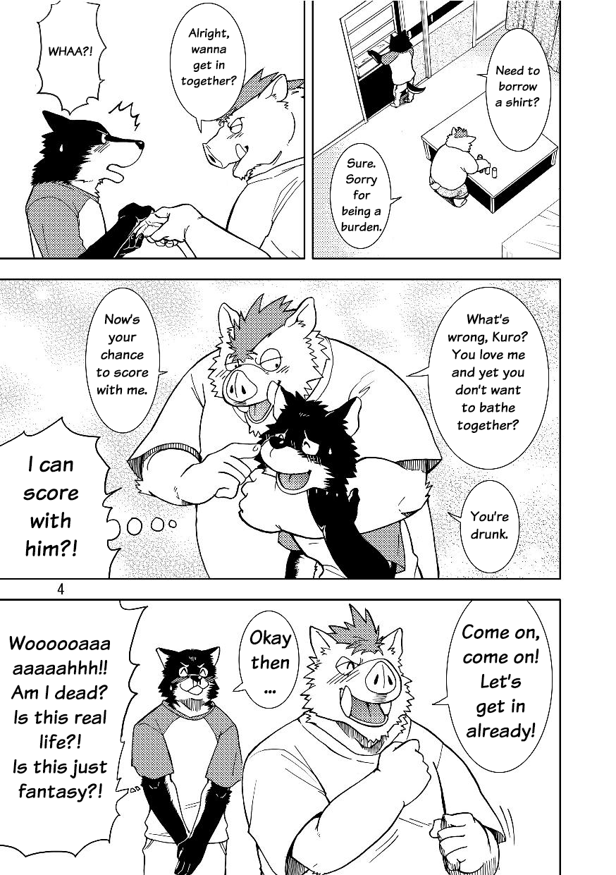 anthro boar canine clothed clothing comic dialogue digital_media_(artwork) hand_holding inose kumagaya_shin kuro_(kumagaya_shin) male male/male mammal monochrome porcine reversible simple_background wolf