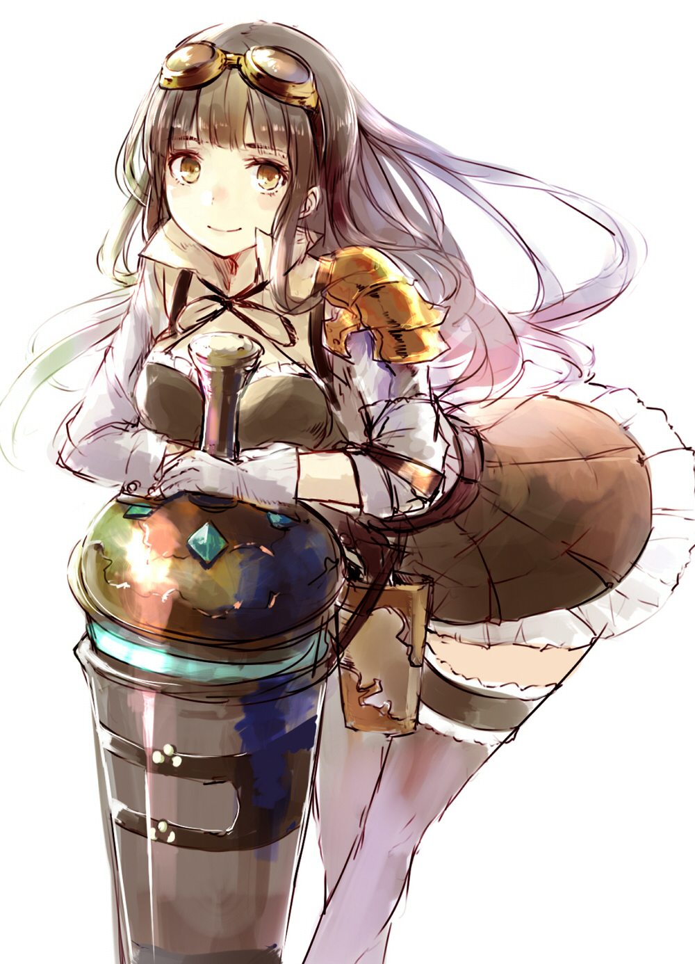 asymmetrical_clothes bangs blunt_bangs brown_hair brown_skirt closed_mouth collared_shirt cowboy_shot gloves goggles goggles_on_head granblue_fantasy hanamuke highres holding holding_weapon jessica_(granblue_fantasy) lance leaning_forward long_hair looking_at_viewer polearm shirt short_sleeves shoulder_pads simple_background single_pauldron skirt smile solo thighhighs very_long_hair weapon white_background white_gloves white_legwear white_shirt wing_collar yellow_eyes zettai_ryouiki