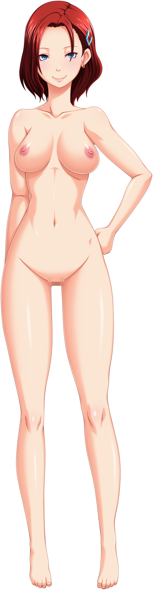 areolae blue_eyes breasts butcha-u censored earrings feet full_body game_cg hairclip hand_on_hip highres jutaijima kisaragi_rei large_breasts legs looking_at_viewer mosaic_censoring mound_of_venus nipples nude pussy red_hair shaved shaved_pussy shiny shiny_skin short_hair simple_background smile solo standing thigh_gap thighs white_background