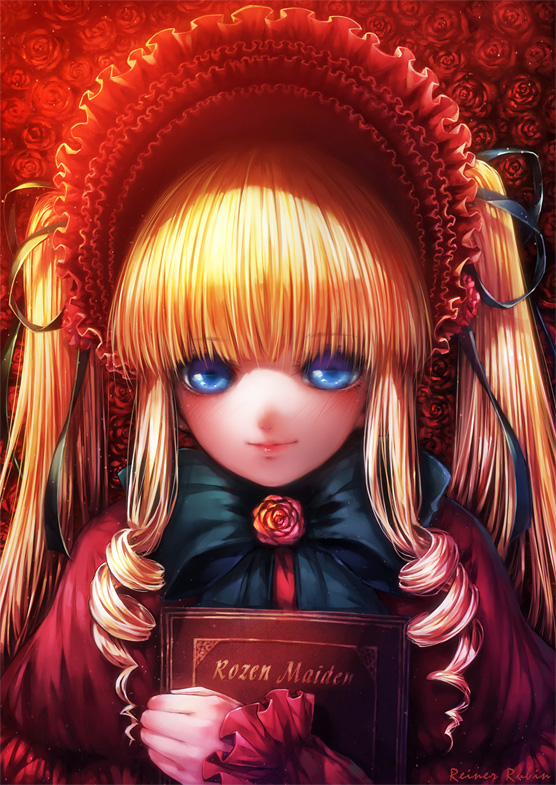 bangs black_ribbon blonde_hair blue_eyes blunt_bangs blush bonnet book bow bowtie closed_mouth copyright_name dress drill_hair eyebrows eyebrows_visible_through_hair floral_background flower frilled_sleeves frills hair_ribbon holding holding_book light_particles long_hair misaki_(kyal_001) red_dress red_flower red_lips red_rose ribbon rose rozen_maiden shade shinku sidelocks smile solo twin_drills twintails upper_body