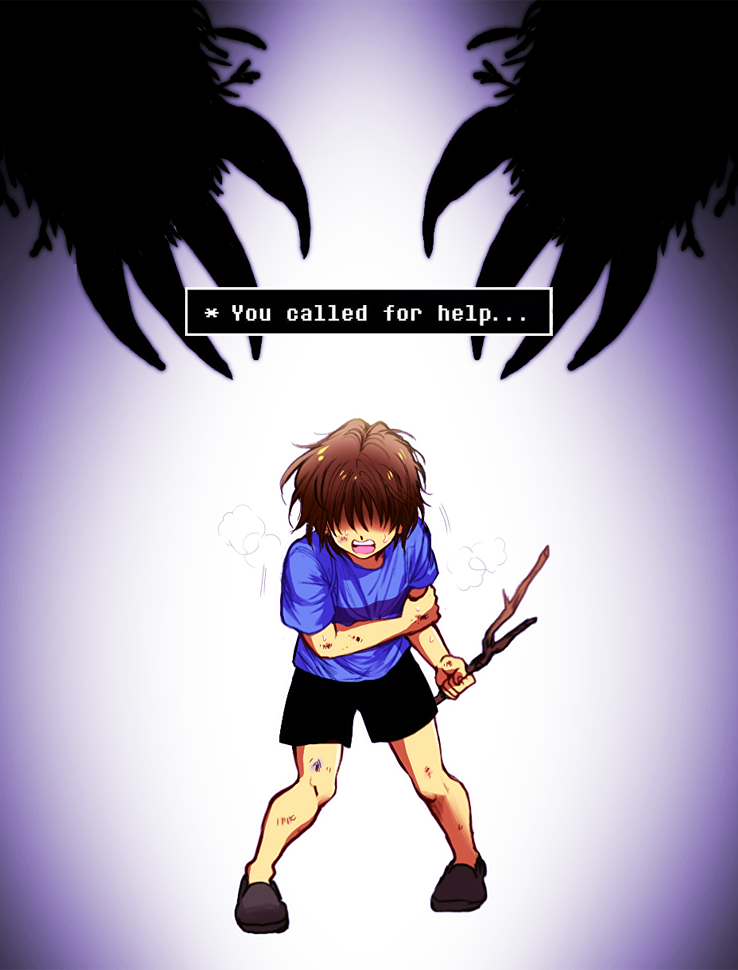 androgynous bent_over brown_hair claws english flowey_(undertale) frisk_(undertale) hair_over_eyes injury jungyun99 photoshop_flowey shaded_face shirt shorts spoilers stick t-shirt undertale