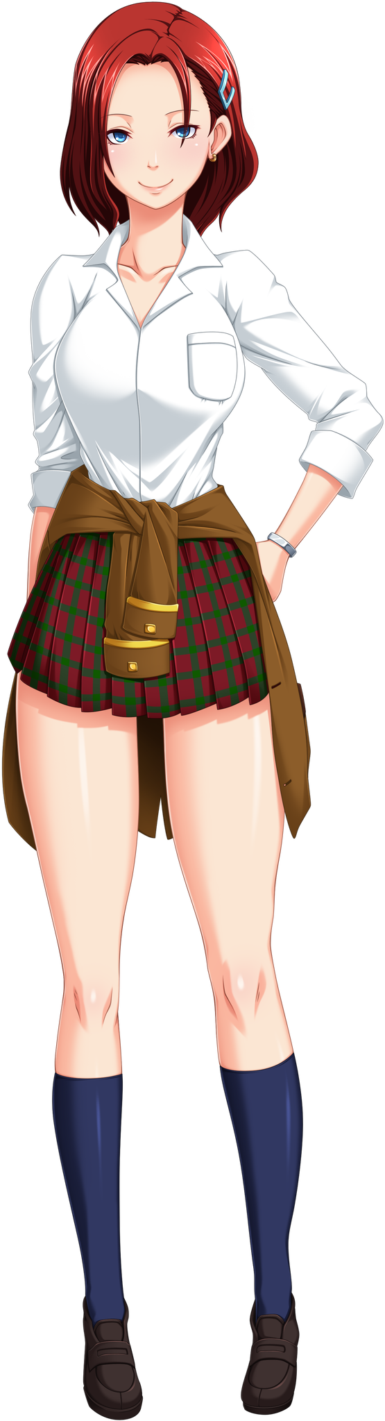 blue_eyes blue_socks breasts butcha-u clothes_around_waist collarbone collared_shirt earrings feet full_body game_cg hairclip hand_on_hip highres jutaijima kisaragi_rei large_breasts legs long_sleeves looking_at_viewer plaid plaid_skirt red_hair school_uniform shoes short_hair simple_background skirt smile socks solo standing thighs white_background