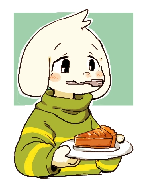 2016 anthro asriel_dreemurr caprine clothed clothing cute food fork fur goat item_in_mouth male mammal monster pie plate semi. simple_background solo undertale video_games white_fur