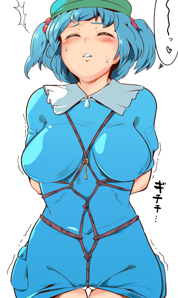 /\/\/\ 1girl arms_behind_back bdsm blue_dress blue_hair blush bondage bound breasts clenched_teeth commentary_request covered_navel dress eyes_closed green_hat hair_bobbles hair_ornament hat hekiga_(freelot) kawashiro_nitori large_breasts rope shibari short_hair simple_background solo teeth tied_up touhou twintails white_background