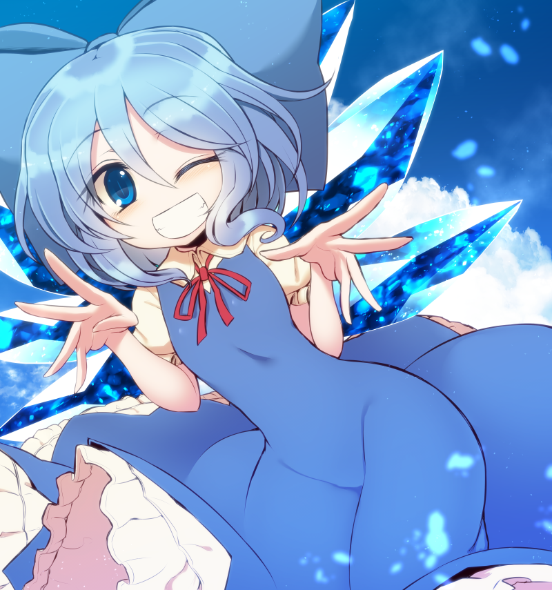 1girl ;d blouse blue_background blue_dress blue_eyes blue_hair blush bow breasts cirno collared_shirt cowboy_shot dress eyebrows_visible_through_hair frilled_dress frilled_skirt frills grin hair_between_eyes hair_bow ice ice_wings kuresento looking_at_viewer neck_ribbon no_nose one_eye_closed open_mouth puffy_sleeves red_ribbon ribbon shirt short_hair short_sleeves skirt small_breasts smile solo spread_fingers taut_clothes taut_dress touhou white_shirt wide_hips wings