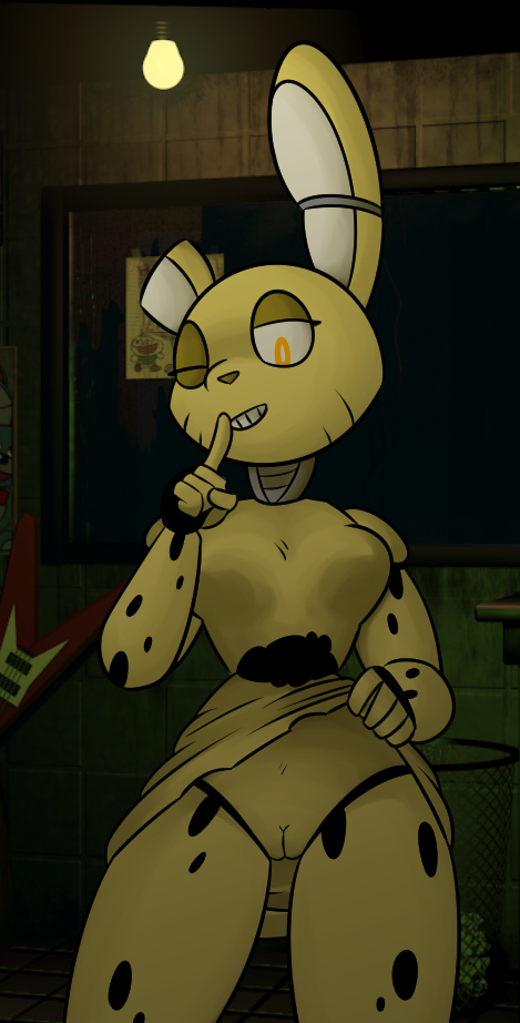 animatronic anthro bedroom_eyes breasts clothing clothing_lift crossgender female finger_to_mouth first_person_view five_nights_at_freddy's five_nights_at_freddy's_3 half-closed_eyes lagomorph lightbulb machine mammal mizumew one_eye_closed presenting pussy rabbit robot seductive skirt skirt_lift solo springtrap_(fnaf) video_games wink yellow_eyes