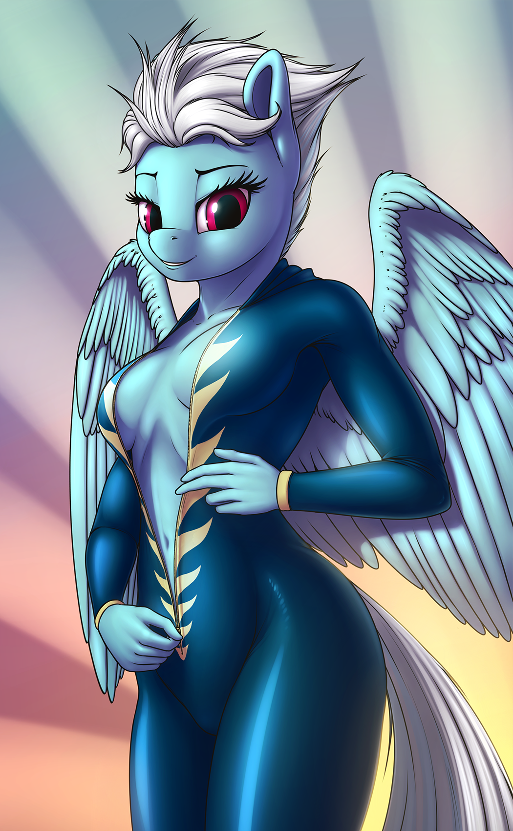 2016 anthro anthrofied blue_feathers breasts clothing equine eyelashes feathered_wings feathers female fleetfoot_(mlp) friendship_is_magic hair half-closed_eyes hi_res looking_at_viewer mammal my_little_pony navel pegasus shydale skinsuit smile solo tight_clothing wings wonderbolts_(mlp)