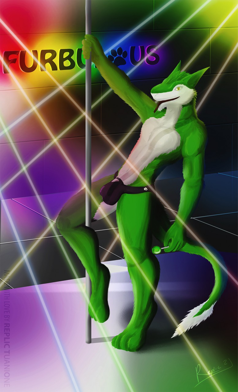 2015 anthro bar bulge bulgy club_(disambiguation) dancing domination fur furbulous green_fur male pole pole_dancing replictuanione sergal submassive white_fur