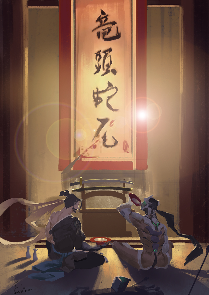 alcohol armor black_hair bodysuit brothers commentary cup cyborg flaurel genji_(overwatch) good_end hadanugi_dousa hanging_scroll hanzo_(overwatch) katana lens_flare long_hair mask multiple_boys overwatch ponytail sakazuki sake scroll sheath sheathed siblings sword weapon weapon_stand what_if
