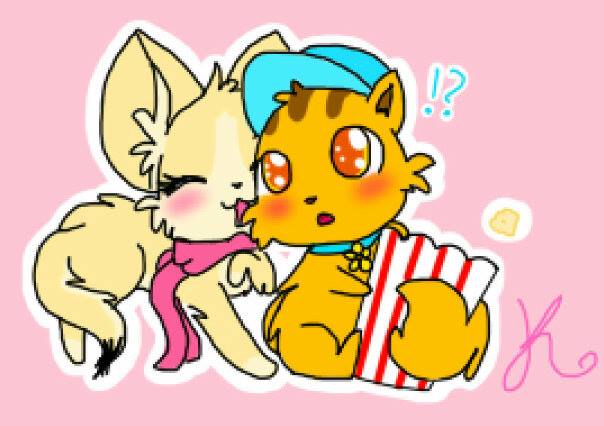 ?! blue_hat blush cat chibi chipmunk feline female food jewelpet keyra male mammal orange_eyes pink_ribbon popcorn rodent surprise titana young_crush