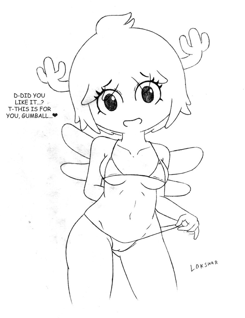 bedroom_eyes bikini breasts butt camel_toe cartoon_network cervine clothed clothing dialogue english_text female hair half-closed_eyes horn humanoid looking_at_viewer mammal navel open_mouth penny_fitzgerald presenting presenting_hindquarters seductive simple_background smile solo swimsuit text the_amazing_world_of_gumball ultama_lokshar_(artist) wings young