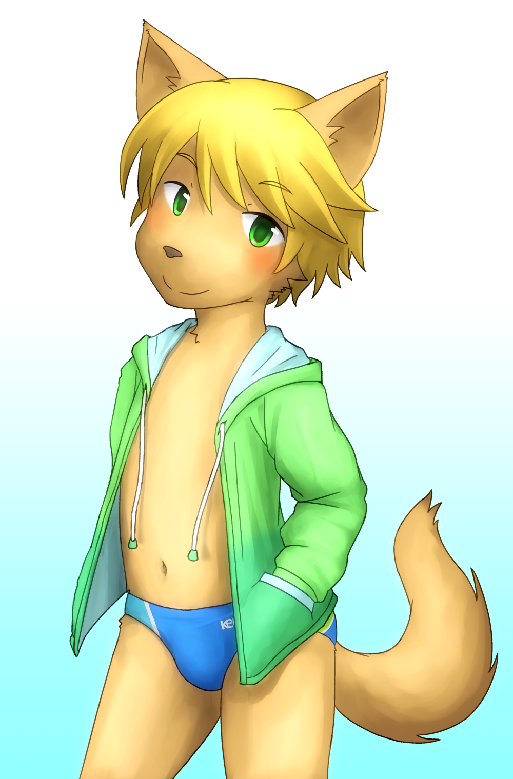 blonde_hair brown_fur canine clothing cub fox fur gradient_background green_eyes hair male mammal sfh simple_background solo swimsuit young