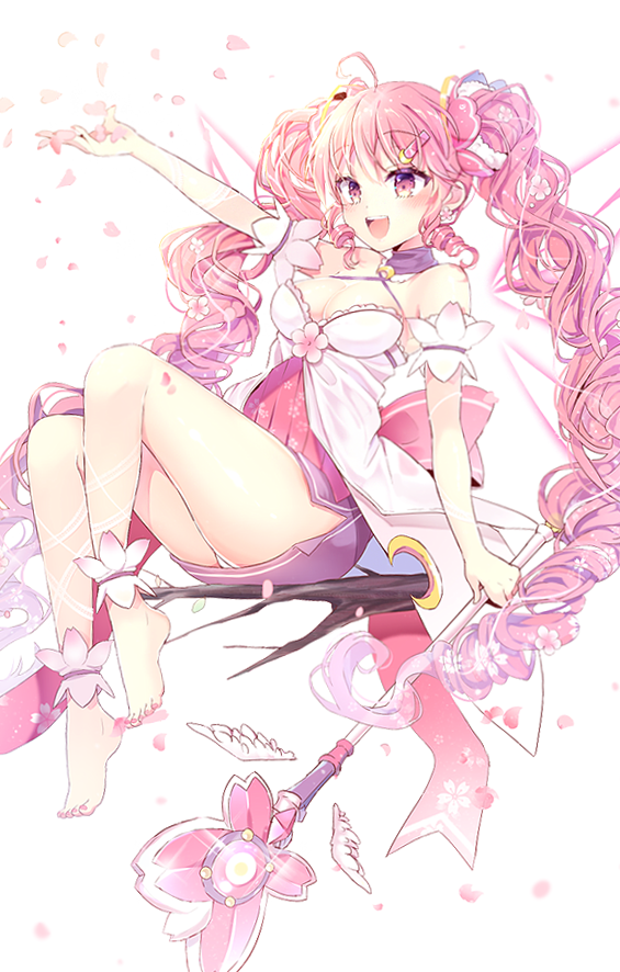 :d ahoge aisha_(elsword) back_bow bad_id bad_pixiv_id bare_legs barefoot blush bow branch breasts character_request choker cleavage dimension_witch_(elsword) elsword flower hair_flower hair_ornament hairclip holding legs looking_at_viewer medium_breasts nail_polish open_eyes open_mouth panties panty_peek petals pinb pink_eyes pink_hair sitting skirt smile solo twintails underwear wand white_panties