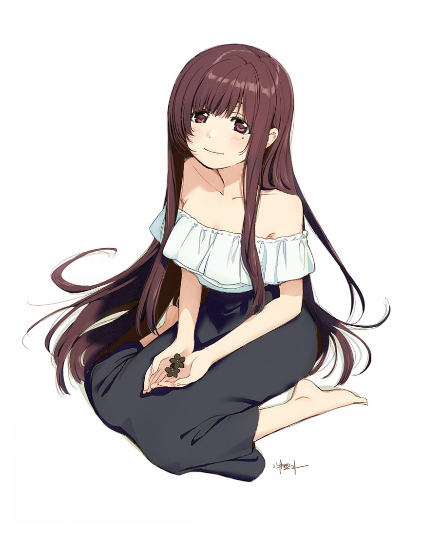 1girl bangs bare_shoulders barefoot black_skirt blouse brown_eyes brown_hair closed_mouth commentary_request copyright_request flower holding kawai_makoto long_hair long_skirt looking_at_viewer mole mole_under_eye signature sitting skirt smile solo very_long_hair wariza