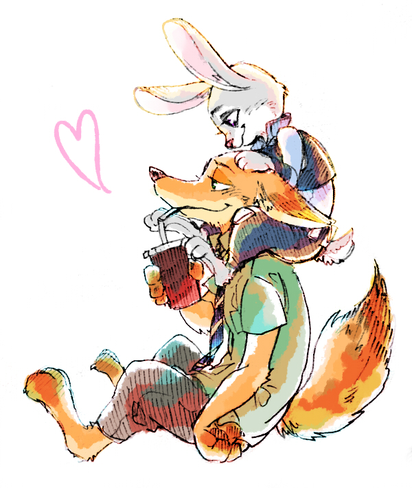bunny carrying disney drink fox from_side furry heart judy_hopps necktie nick_wilde no_humans paper_cup police police_uniform shoulder_carry simple_background sitting straw uniform white_background zootopia