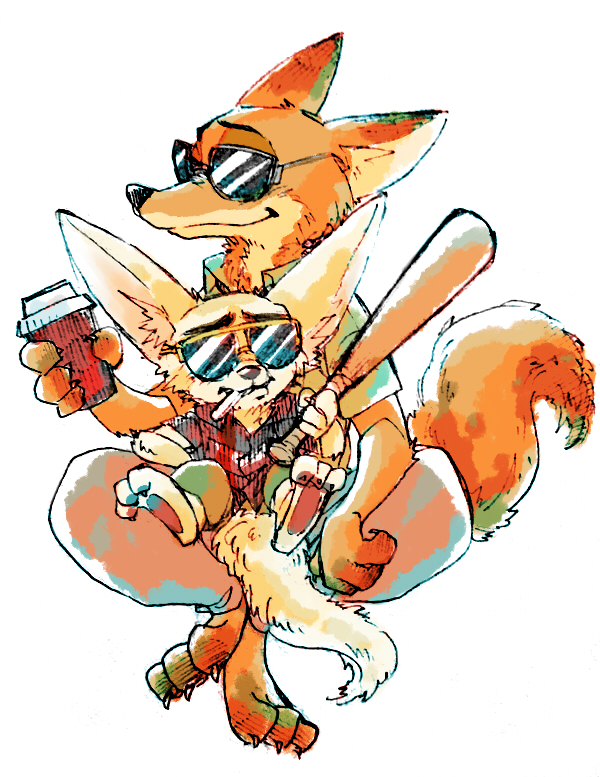 baseball_bat disney drink finnick_(zootopia) fox furry nick_wilde no_humans paper_cup simple_background sunglasses white_background zootopia