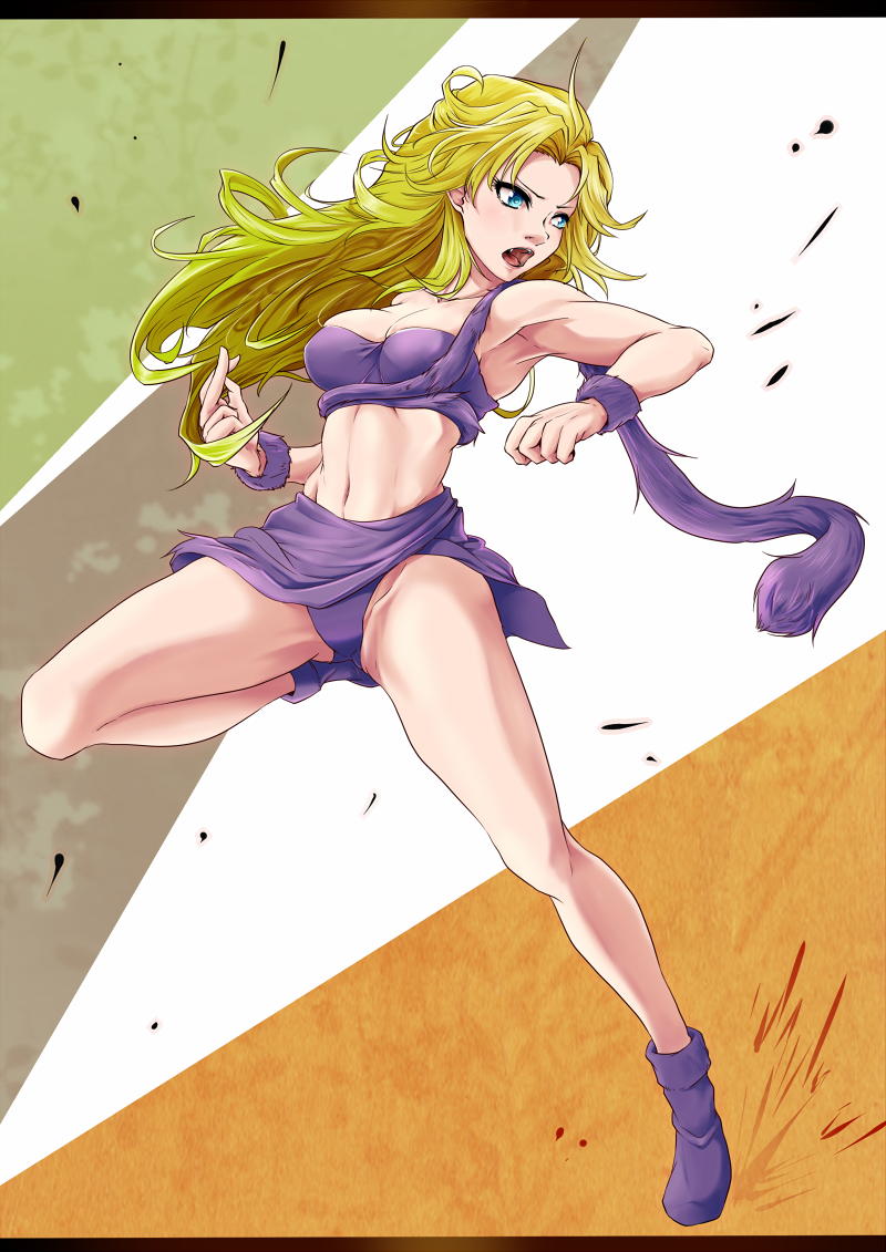 ayla_(chrono_trigger) blonde_hair blue_eyes breasts chrono_trigger cleavage curly_hair fur_trim hayase_kento large_breasts long_hair solo