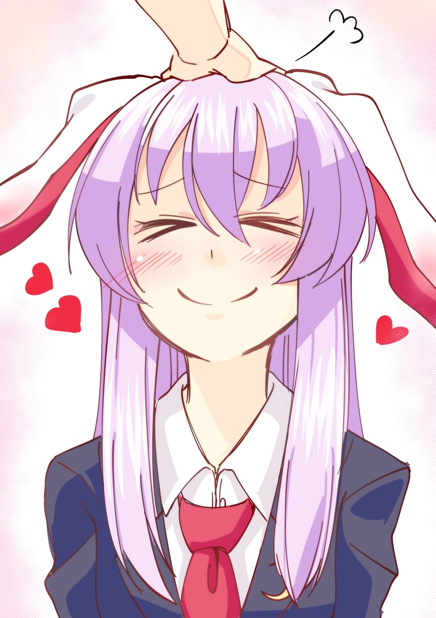 &gt;_&lt; animal_ears blazer blush bunny_ears closed_eyes commentary ear_blush ears_down happy heart highres jacket lavender_hair long_hair mana_(tsurubeji) necktie out_of_frame petting reisen_udongein_inaba shirt smile solo_focus touhou x)