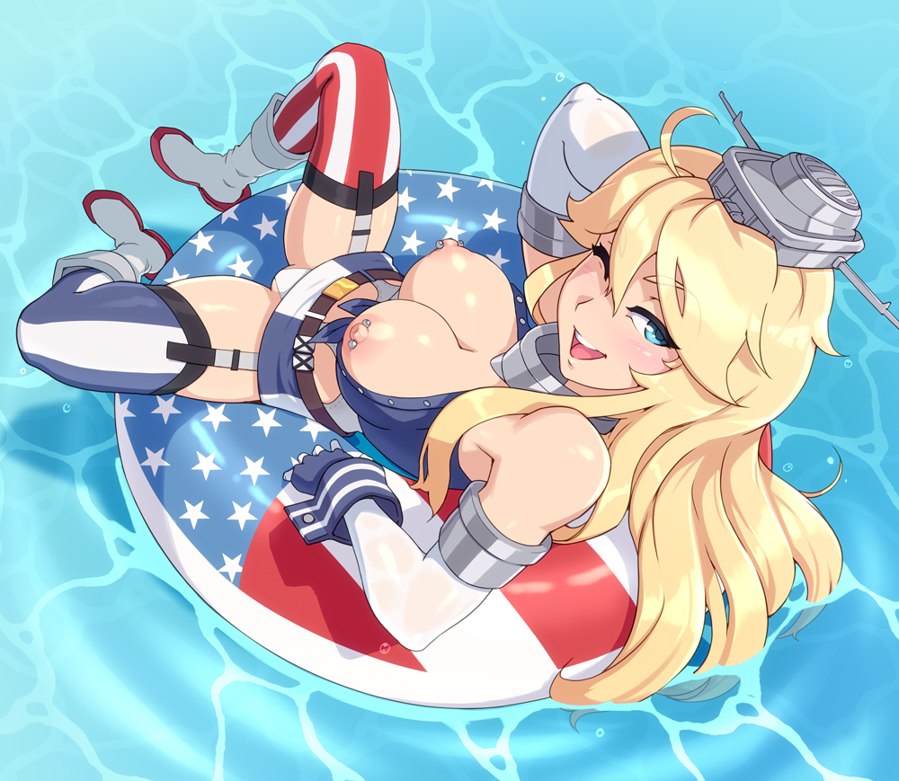 1girl american_flag american_flag_legwear blonde_hair blue_eyes blush breasts breasts_outside elbow_gloves front-tie_top garter_straps gloves headgear innertube iowa_(kantai_collection) kantai_collection looking_at_viewer mismatched_legwear nipple_piercing nipples one_eye_closed owler piercing smile solo striped thighhighs vertical_stripes water