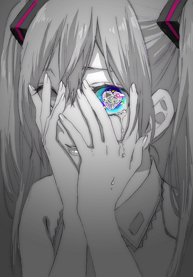 1girl aqua_eyes blue_eyes close-up commentary_request crying crying_with_eyes_open eyelashes fingernails grey_background greyscale hair_between_eyes hands_on_own_face hatsune_miku heart kawai_rou long_hair looking_at_viewer monochrome multicolored multicolored_eyes parted_lips shaded_face simple_background solo sparkle sparkling_eyes spot_color tears twintails unknown_mother_goose_(vocaloid) upper_body vocaloid