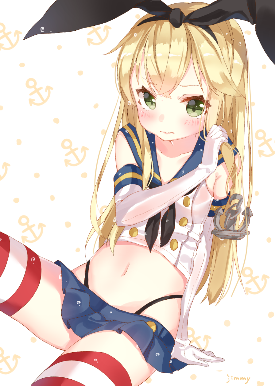 anchor_hair_ornament anchor_symbol arm_support artist_name black_panties blonde_hair blush buttons collarbone crop_top elbow_gloves gloves green_eyes hair_ornament hairband highres holding holding_hair jimmy kantai_collection long_hair looking_at_viewer midriff miniskirt navel neckerchief panties pleated_skirt school_uniform serafuku shimakaze_(kantai_collection) signature sitting skirt sleeveless solo stomach striped striped_legwear thighhighs underwear wavy_mouth wet wet_clothes wet_hair white_gloves wringing_hair