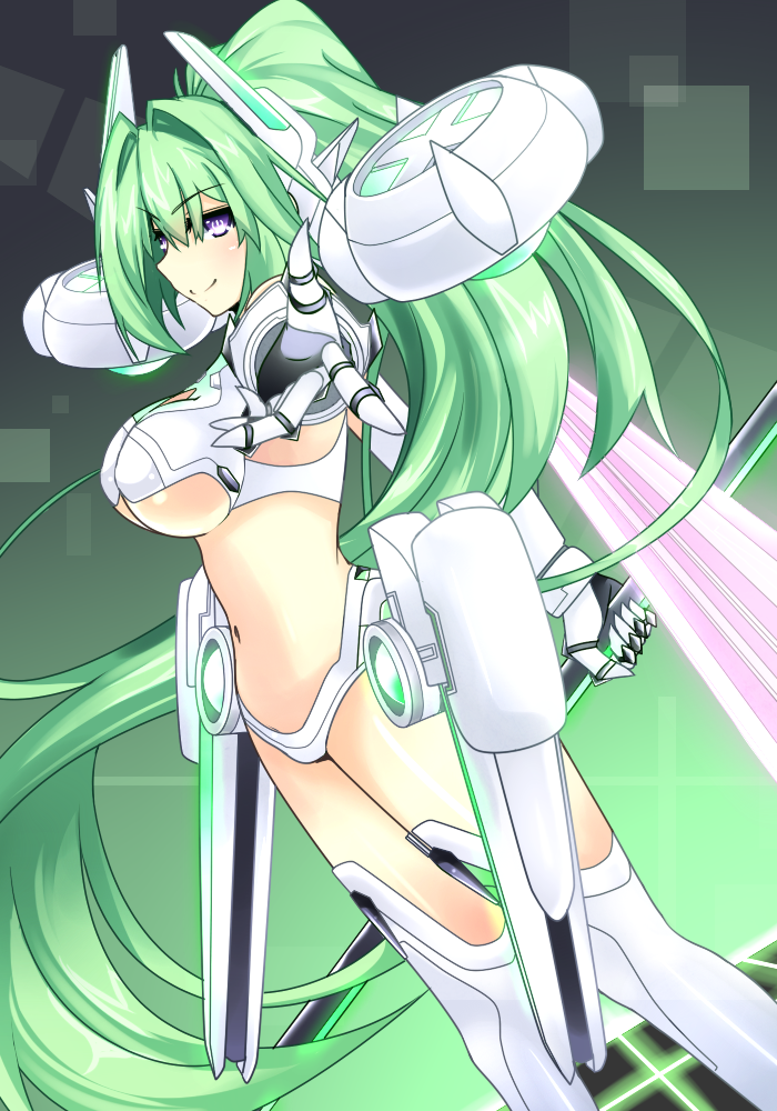 blush breasts cleavage green_hair green_heart large_breasts long_hair looking_at_viewer neptune_(series) outstretched_hand polearm ponytail purple_eyes solo spear symbol-shaped_pupils very_long_hair warabi_mochi_(ehimedaisuki) weapon