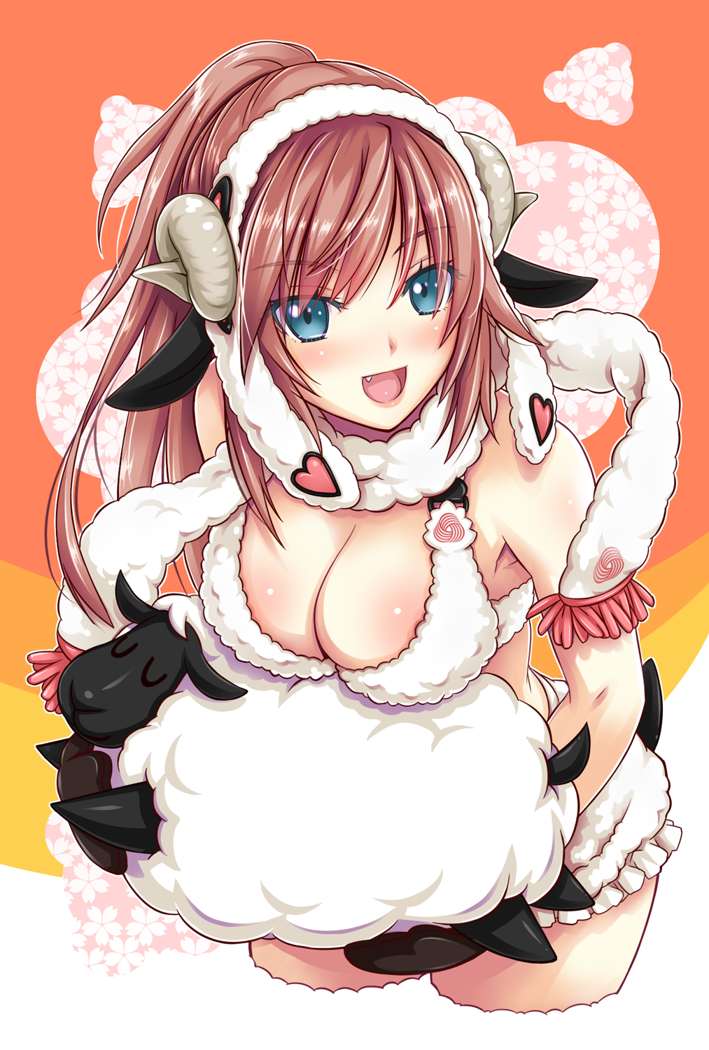 1girl :d @hina animal_costume blush breasts brown_hair cleavage cropped_legs eyebrows_visible_through_hair fake_horns fang hairband highres horns large_breasts leaning_forward long_hair looking_at_viewer medium_breasts multicolored multicolored_background nengajou new_year open_mouth original ponytail scarf sheep sheep_costume sheep_horns smile solo v-shaped_eyebrows