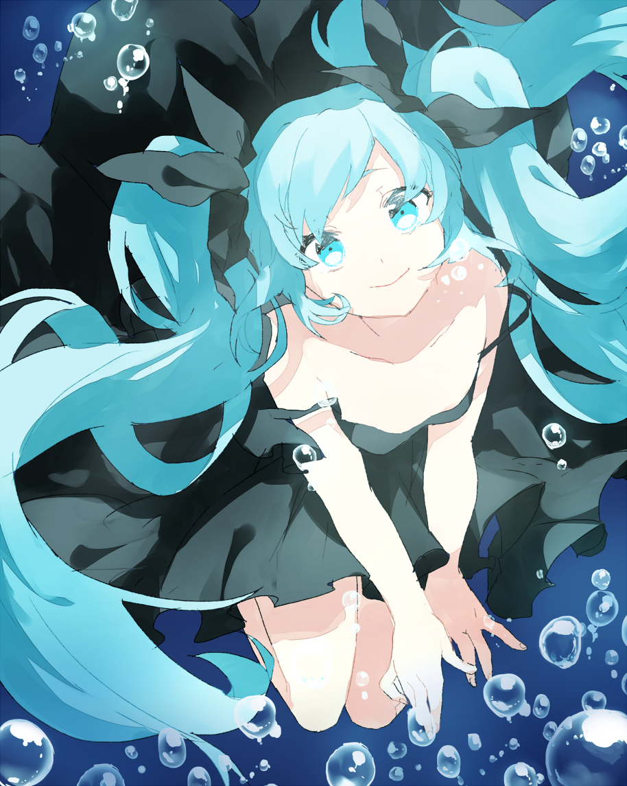 1girl air_bubble bare_arms bare_shoulders black_dress black_ribbon blue_eyes blue_hair bubble dress enma614_(patidonn) fingernails floating floating_hair full_body hair_ribbon happy hatsune_miku head_tilt long_hair looking_at_viewer no_bra outstretched_arms ribbon shinkai_shoujo_(vocaloid) smile solo submerged twintails underwater very_long_hair vocaloid