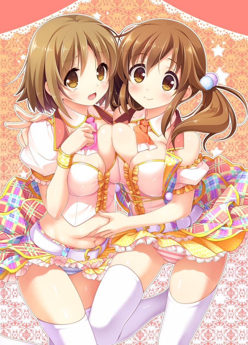 2girls arm_around_shoulder ascot bangs belly_grab belt blue_panties blush bow breast_press breasts brown_eyes brown_hair cinderella_dream closed_mouth collar commentary detached_collar eyebrows_visible_through_hair female frilled_skirt frills frown hair_bow highres idol idolmaster idolmaster_cinderella_girls kanekiyo_miwa layered_skirt leg_up long_hair looking_at_viewer low_twintails medium_breasts mimura_kanako miniskirt multicolored multicolored_clothes multicolored_skirt multiple_girls nail_polish navel open_mouth panties pink_nails pink_panties pleated_skirt puffy_short_sleeves puffy_sleeves red_neckwear shirt short_hair short_sleeves skindentation skirt smile standing standing_on_one_leg star striped striped_panties symmetrical_docking tearing_up thighhighs totoki_airi twintails underwear white_belt white_collar white_legwear white_shirt wing_collar
