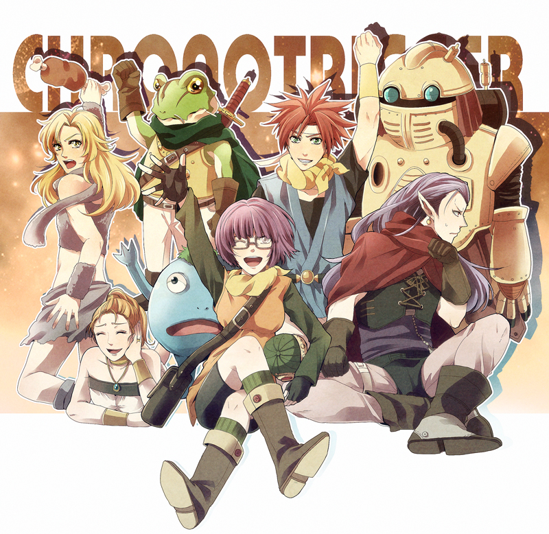 4boys ayla_(chrono_trigger) bad_id bad_pixiv_id bandeau blonde_hair blue_eyes breasts chrono_trigger crono curly_hair fur_trim kaeru_(chrono_trigger) long_hair lucca_ashtear magus marle medium_breasts multiple_boys multiple_girls nu open_mouth robo short_hair sushiko15