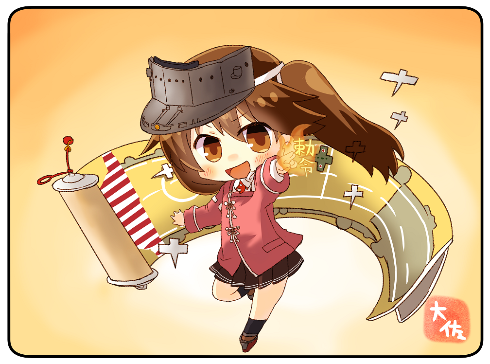 1girl artist_name brown_eyes brown_hair brown_skirt chibi flight_deck full_body gradient gradient_background japanese_clothes kantai_collection kariginu looking_at_viewer magatama pleated_skirt pose red_skirt ryuujou_(kantai_collection) scroll shikigami skirt solo standing standing_on_one_leg taisa_(kari) twintails visor_cap yellow_background
