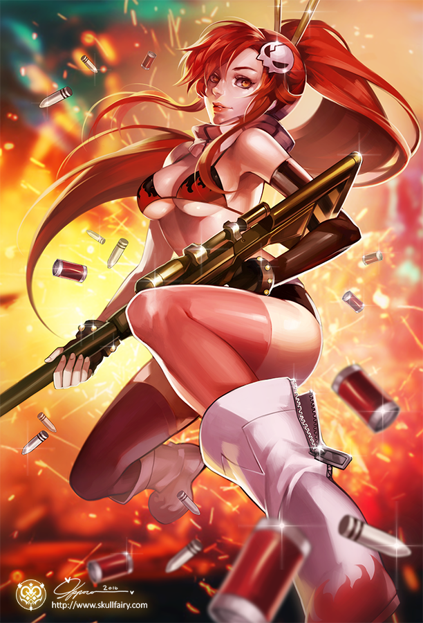 anti-materiel_rifle bikini_top gun hair_ornament long_hair na_young_lee pink_legwear ponytail red_hair rifle scarf short_shorts shorts skull_hair_ornament sniper_rifle solo tengen_toppa_gurren_lagann weapon yoko_littner