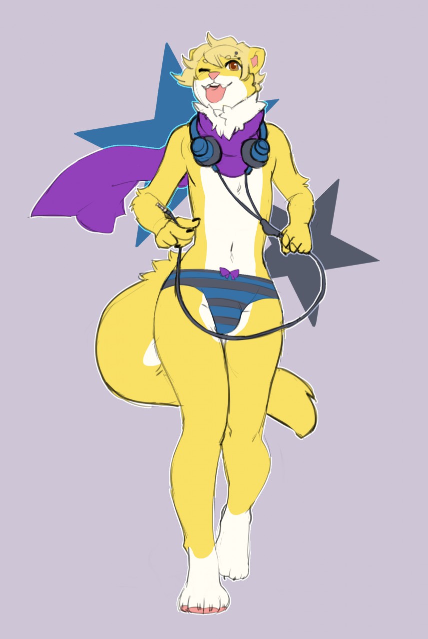 anthro clothing cosmicminerals fangs ferret headphones looking_at_viewer male mammal mostly_nude mustelid navel one_eye_closed open_mouth scarf simple_background smile solo standing teeth tongue tongue_out underwear wide_hips