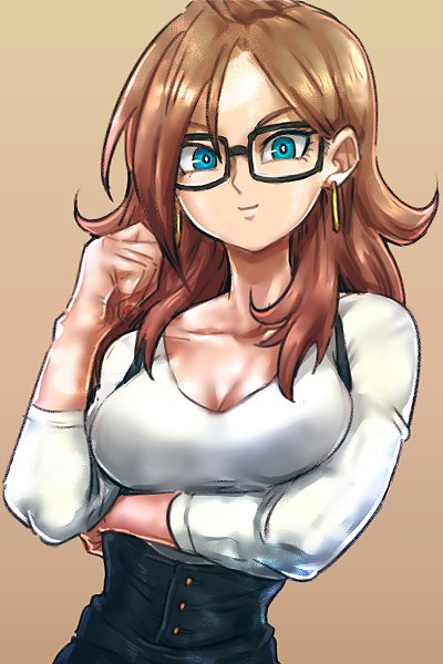alternate_hairstyle android_21 blue_eyes breasts brown_background brown_hair crossed_arms dragon_ball dragon_ball_super_broly earrings eyelashes glasses hand_in_hair happy jewelry long_hair long_sleeves looking_at_viewer overalls shirt simple_background smile solo st62svnexilf2p9 upper_body white_shirt