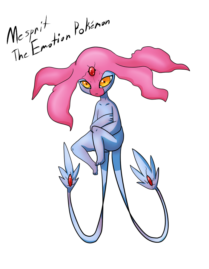 2016 alpha_channel biped blue_skin crossed_arms english_text feral gem hair legendary_pok&eacute;mon looking_at_viewer mesprit multi_tail nintendo nude orange_eyes pink_hair pok&eacute;mon simple_background solo text transparent_background video_games yoshimister_(artist)
