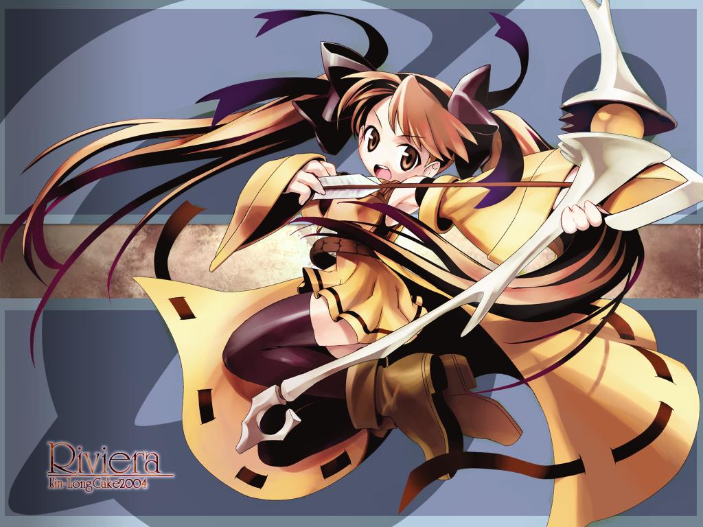 aiming arrow black_legwear boots bow bow_(weapon) detached_sleeves ein_(long_cake) error hair_bow hair_ribbon holding holding_arrow holding_bow_(weapon) holding_weapon long_hair lyuri_(riviera) open_mouth orange_hair outstretched_arm ribbon riviera skirt solo thighhighs twintails very_long_hair wallpaper weapon zettai_ryouiki