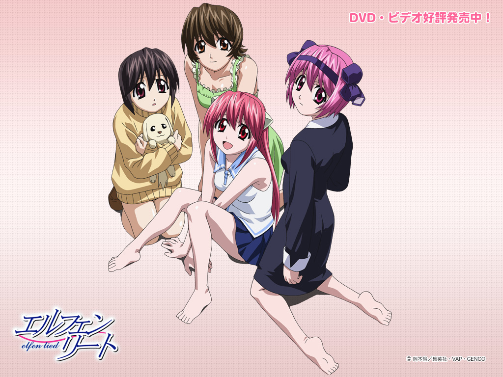 1024x768 4girls armpits barefoot between_thighs black_hair brown_eyes dog dress elfen_lied feet hairband holding horns kishimoto_seiji kneeling looking_back lucy mayu mayu_(elfen_lied) multiple_girls nana_(elfen_lied) nyu nyuu official_art pink_eyes pink_hair red_eyes short_hair sitting skirt smile sweater thighs wallpaper wanta yuka yuka_(elfen_lied)