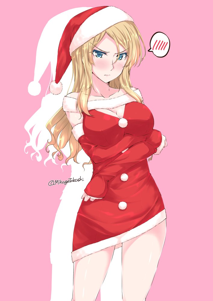 1girl alternate_costume blonde_hair blue_eyes blush breast_hold breasts cleavage frown hat kantai_collection large_breasts long_hair looking_at_viewer mikage_takashi nelson_(kantai_collection) santa_costume santa_hat silhouette solo spoken_blush twitter_username