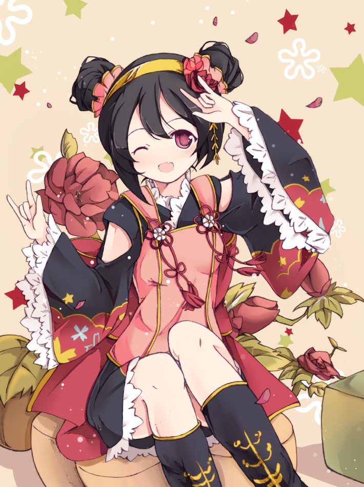 ;d \m/ black_hair bondson bow double_\m/ double_bun fang hair_bow japanese_clothes love_live! love_live!_school_idol_festival love_live!_school_idol_project nico_nico_nii one_eye_closed open_mouth petals red_eyes smile solo twintails yazawa_nico