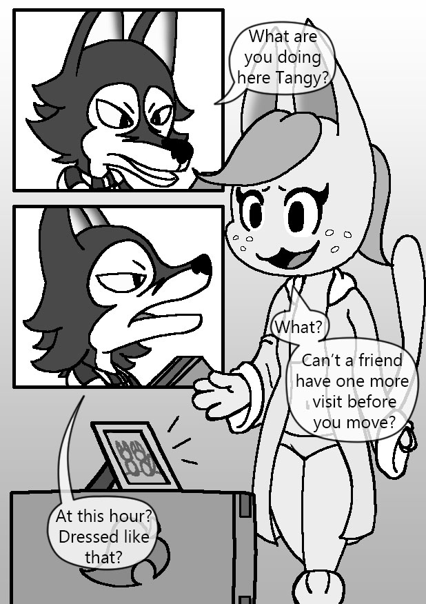 abtp animal_crossing box canine clothed clothing comic dialogue english_text feline female greyscale lobo_(animal_crossing) male mammal monochrome nintendo robe tangy_(animal_crossing) text video_games wolf