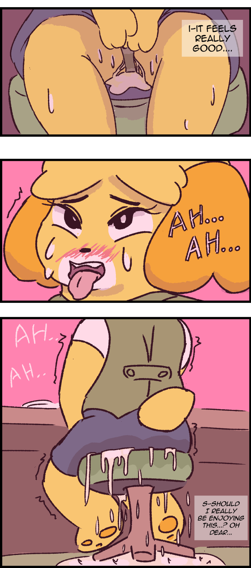 2015 animal_crossing anthro blonde_hair blush canine clothed clothing comic digital_drawing_(artwork) digital_media_(artwork) dog english_text female fully_clothed fur hair isabelle_(animal_crossing) looking_up mammal nintendo omorashi open_mouth peeing pink_background shaking shiba_inu simple_background sitting solo sweat teeth text tinycatmom tongue tongue_out urine urine_pool video_games wetting yellow_fur