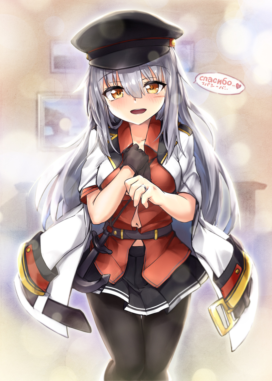 1girl belt black_gloves black_legwear black_skirt blush breasts cheese_(cheese_koubou) collared_shirt eyebrows_visible_through_hair facial_scar flat_cap gangut_(kantai_collection) gloves grey_hair hair_between_eyes hat heart highres indoors jacket jacket_on_shoulders jewelry kantai_collection long_hair looking_at_viewer medium_breasts military_hat military_jacket office open_mouth pantyhose peaked_cap photo_(object) red_eyes red_shirt remodel_(kantai_collection) ring scar scar_on_cheek shirt short_sleeves skirt smile solo standing text_focus wedding_ring white_jacket