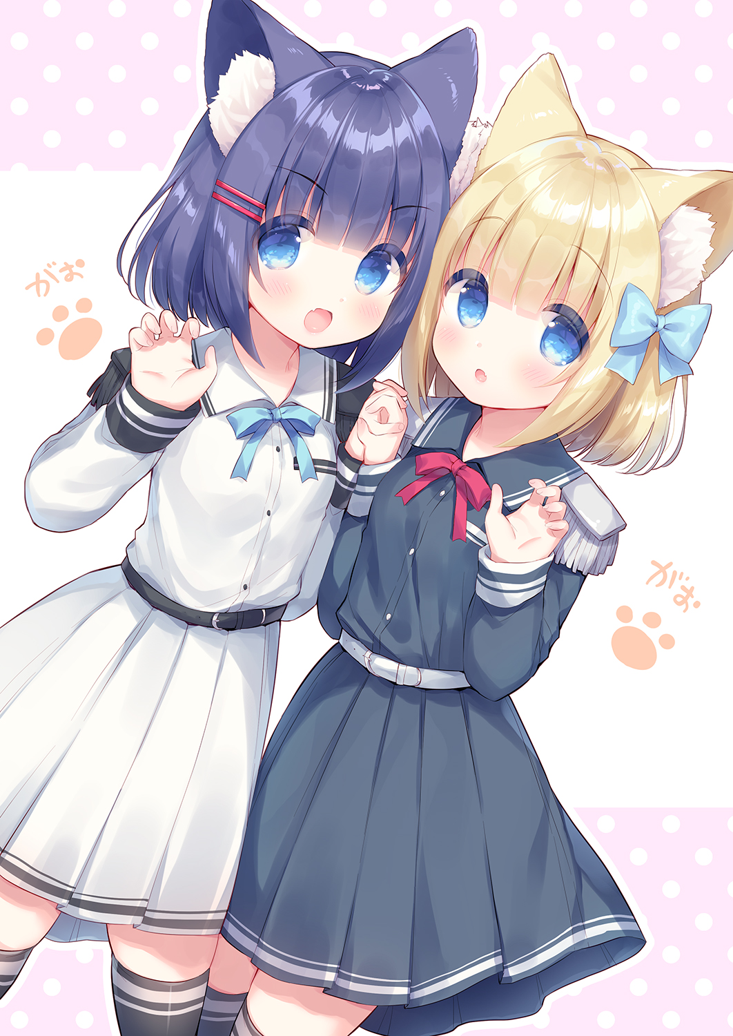 2girls :d :o animal_ear_fluff animal_ears belt belt_buckle black_belt black_hair black_legwear blonde_hair blue_bow blue_eyes blush bow buckle cat_ears claw_pose collared_shirt commentary_request dress_shirt epaulettes fang grey_shirt grey_skirt hair_bow hair_ornament hairclip hand_holding hands_up highres interlocked_fingers long_sleeves looking_at_viewer multiple_girls open_mouth parted_lips pink_background pleated_skirt polka_dot polka_dot_background rukiroki sasugano_roki sasugano_ruki shirt skirt sleeves_past_wrists smile thighhighs two-tone_background usashiro_mani virtual_youtuber white_background white_belt white_shirt white_skirt